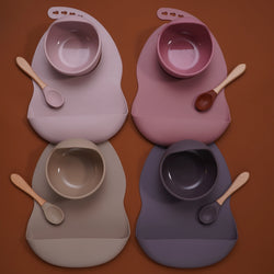 Baby Stuff Tableware Silicone Sucker Bowl Waterproof BPA free Baby Bibs children Toddle Feeding Plate And Wodden Handle Spoon.