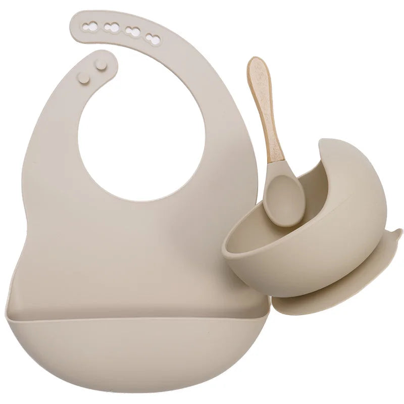 Baby Stuff Tableware Silicone Sucker Bowl Waterproof BPA free Baby Bibs children Toddle Feeding Plate And Wodden Handle Spoon.