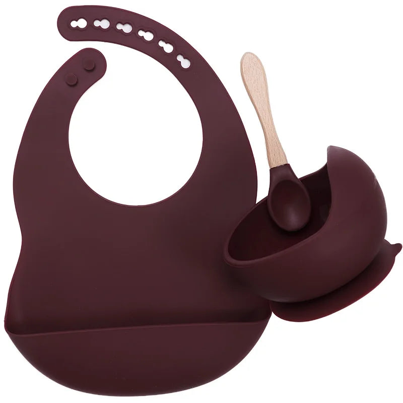 Baby Stuff Tableware Silicone Sucker Bowl Waterproof BPA free Baby Bibs children Toddle Feeding Plate And Wodden Handle Spoon.