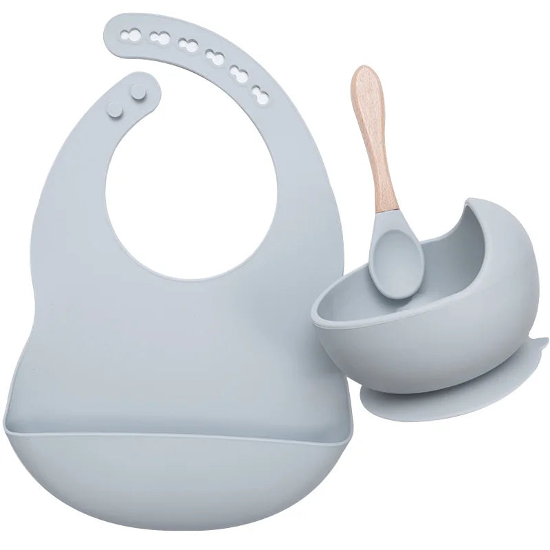 Baby Stuff Tableware Silicone Sucker Bowl Waterproof BPA free Baby Bibs children Toddle Feeding Plate And Wodden Handle Spoon.