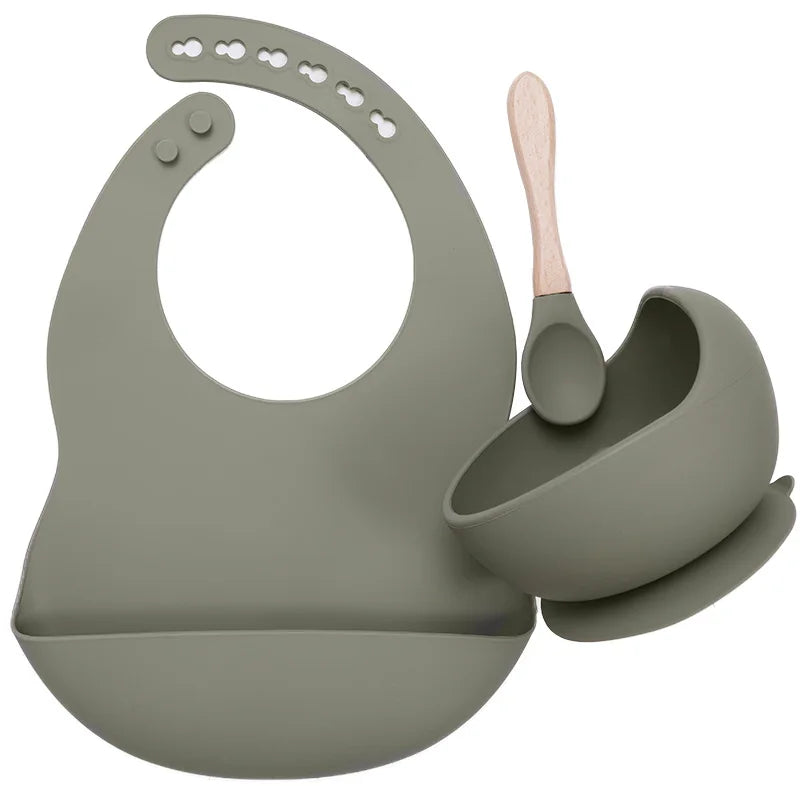 Baby Stuff Tableware Silicone Sucker Bowl Waterproof BPA free Baby Bibs children Toddle Feeding Plate And Wodden Handle Spoon.