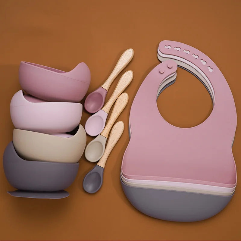 Baby Stuff Tableware Silicone Sucker Bowl Waterproof BPA free Baby Bibs children Toddle Feeding Plate And Wodden Handle Spoon.