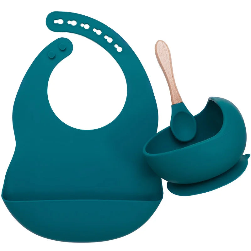 Baby Stuff Tableware Silicone Sucker Bowl Waterproof BPA free Baby Bibs children Toddle Feeding Plate And Wodden Handle Spoon.