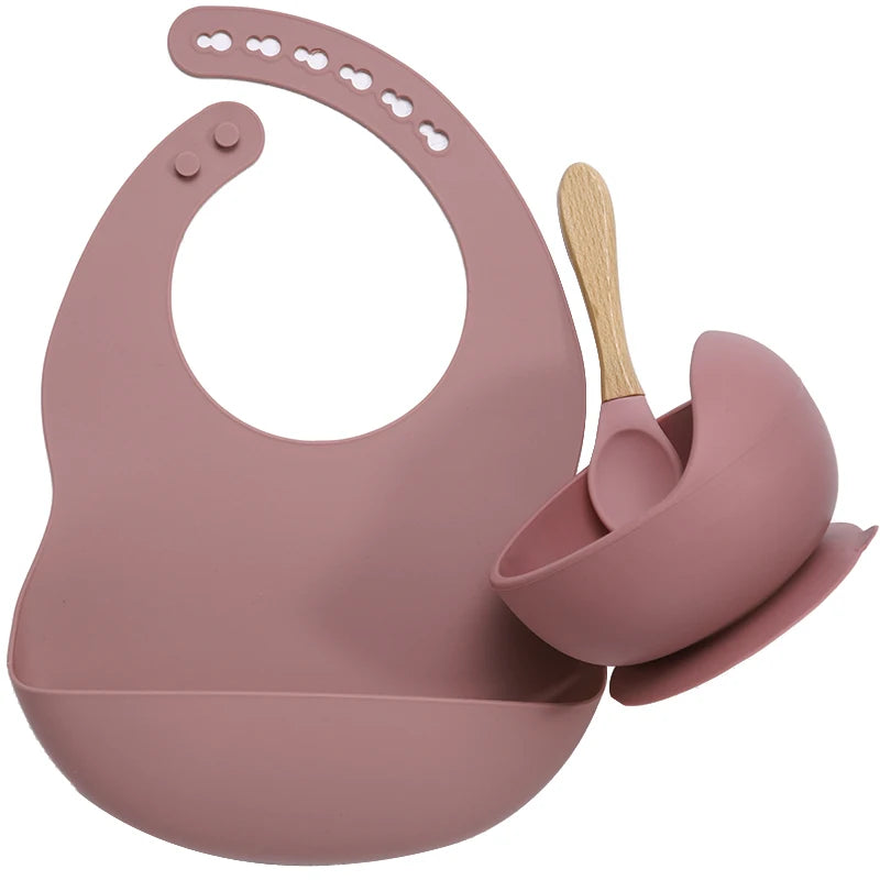 Baby Stuff Tableware Silicone Sucker Bowl Waterproof BPA free Baby Bibs children Toddle Feeding Plate And Wodden Handle Spoon.