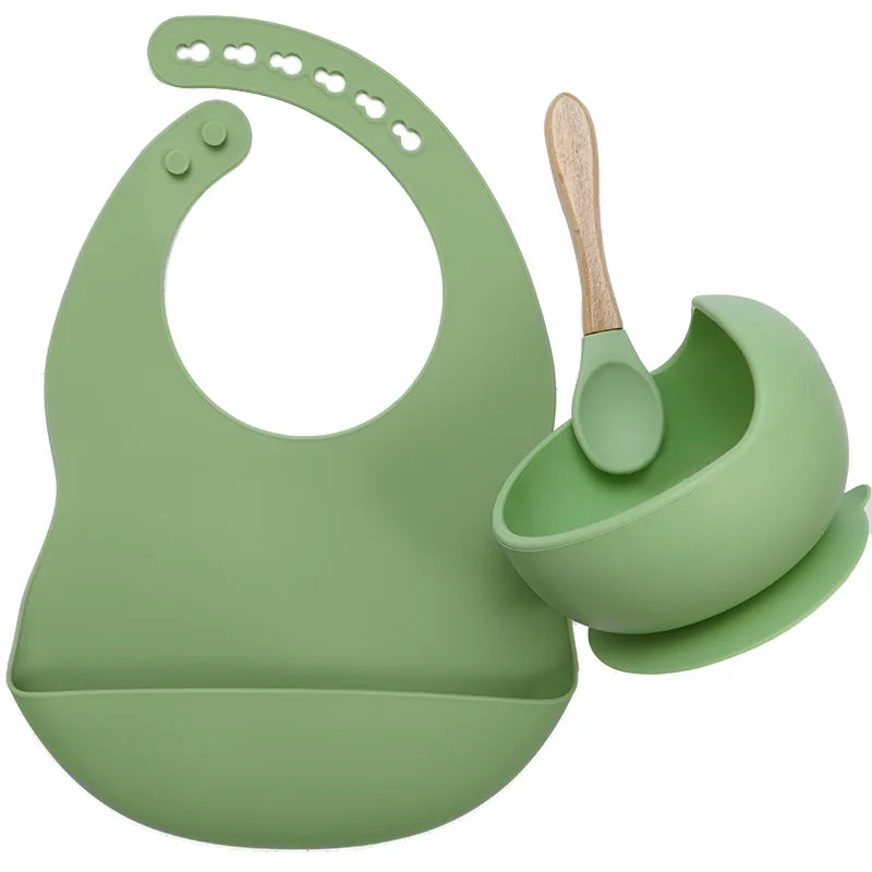 Baby Stuff Tableware Silicone Sucker Bowl Waterproof BPA free Baby Bibs children Toddle Feeding Plate And Wodden Handle Spoon.