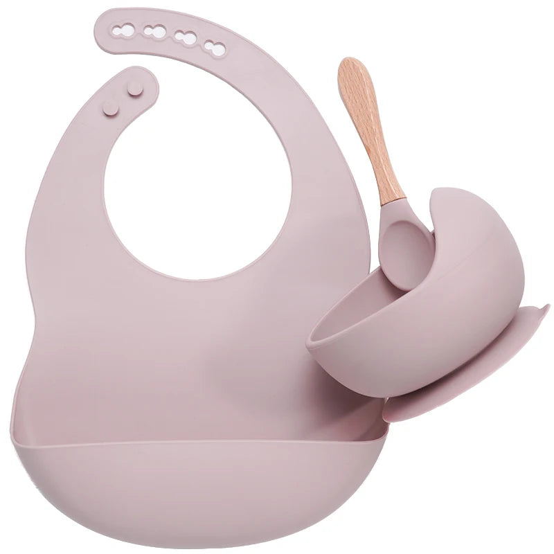 Baby Stuff Tableware Silicone Sucker Bowl Waterproof BPA free Baby Bibs children Toddle Feeding Plate And Wodden Handle Spoon.