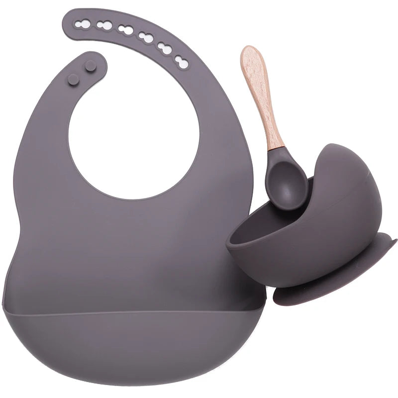 Baby Stuff Tableware Silicone Sucker Bowl Waterproof BPA free Baby Bibs children Toddle Feeding Plate And Wodden Handle Spoon.