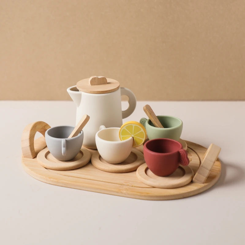 Wooden Children Montessori Toy Teapot Teacup Simulation Kitchen Utensil  BPA Free Silicone Kid Education Pretend Play Toy Gift