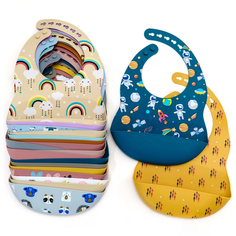 Fashionable Cartoon Printed Waterproof Soft Baby Silicone Bibs Newborn Adjustable Children Burp Cloth Feeding Baby Stuff