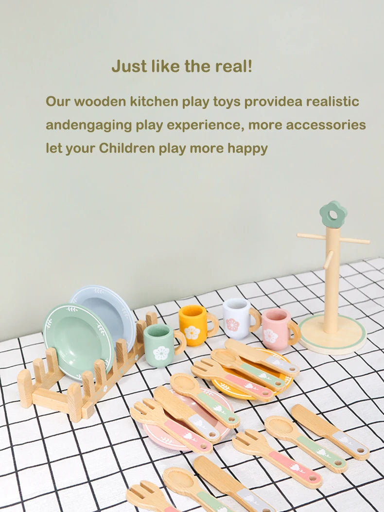 Wooden Kitchen Pretend Play Set Montessori Simulation Plates Dishes Accessories Kitchen Playset Toy for Toddlers Gifts Ages 3+