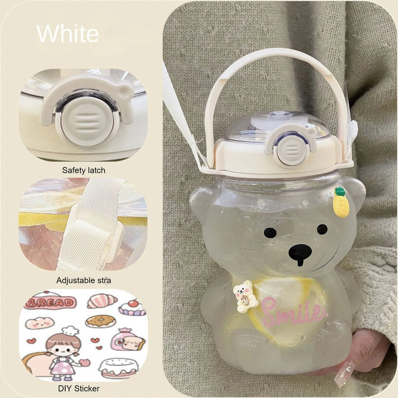 Cute teddy bears 1000ML straw Water Bottle Portable Sport Water Bottle-For Kids And adults straw cup water bottles