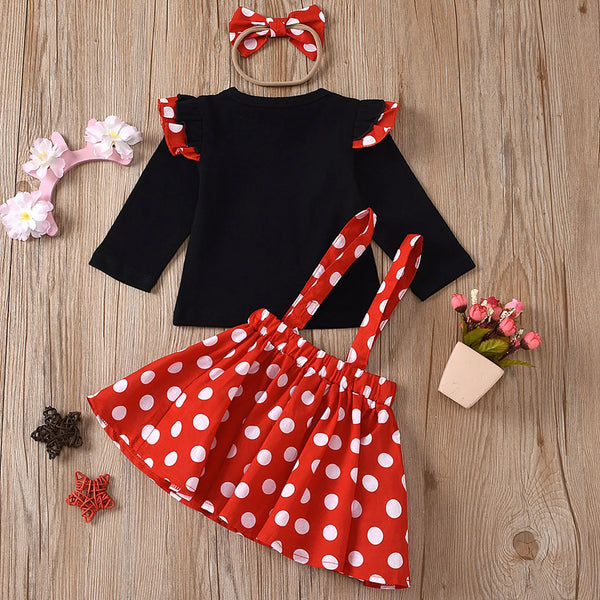 1-5 Years Children Outfit Baby Clothing Set Girl Summer Birthday Costume Kids Dots Tops Skirt Minnie Cosplay Dress with Headband