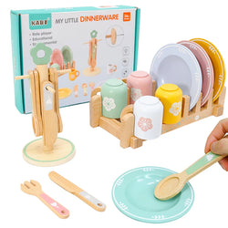 Wooden Kitchen Pretend Play Set Montessori Simulation Plates Dishes Accessories Kitchen Playset Toy for Toddlers Gifts Ages 3+