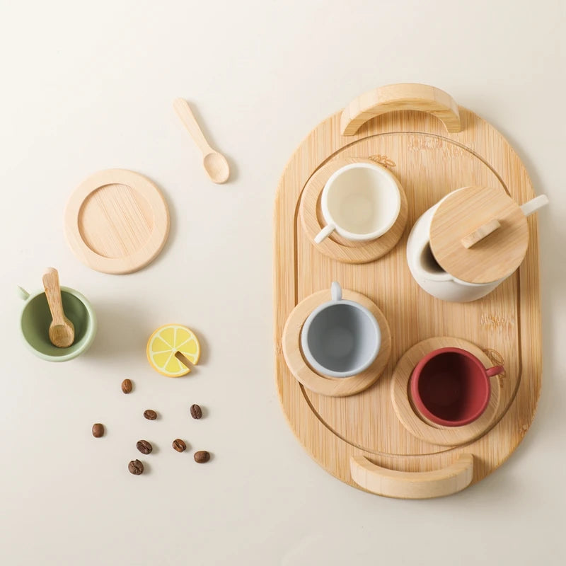 Wooden Children Montessori Toy Teapot Teacup Simulation Kitchen Utensil  BPA Free Silicone Kid Education Pretend Play Toy Gift