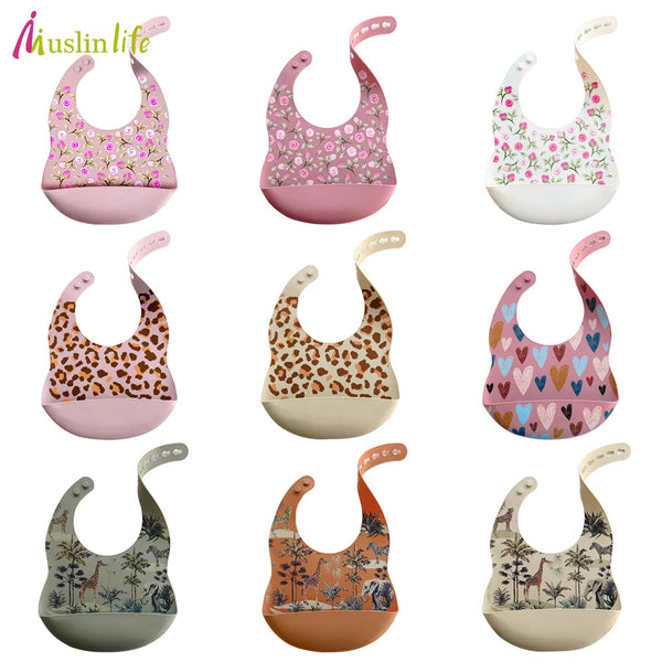 Fashionable Cartoon Printed Waterproof Soft Baby Silicone Bibs Newborn Adjustable Children Burp Cloth Feeding Baby Stuff