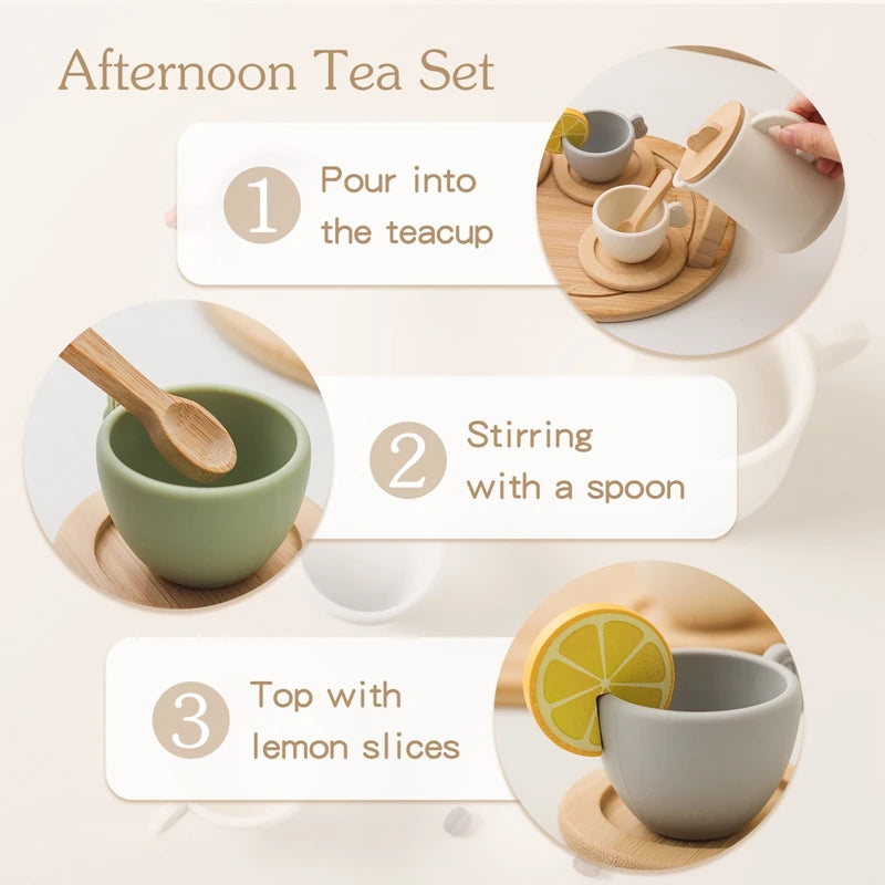 Wooden Children Montessori Toy Teapot Teacup Simulation Kitchen Utensil  BPA Free Silicone Kid Education Pretend Play Toy Gift