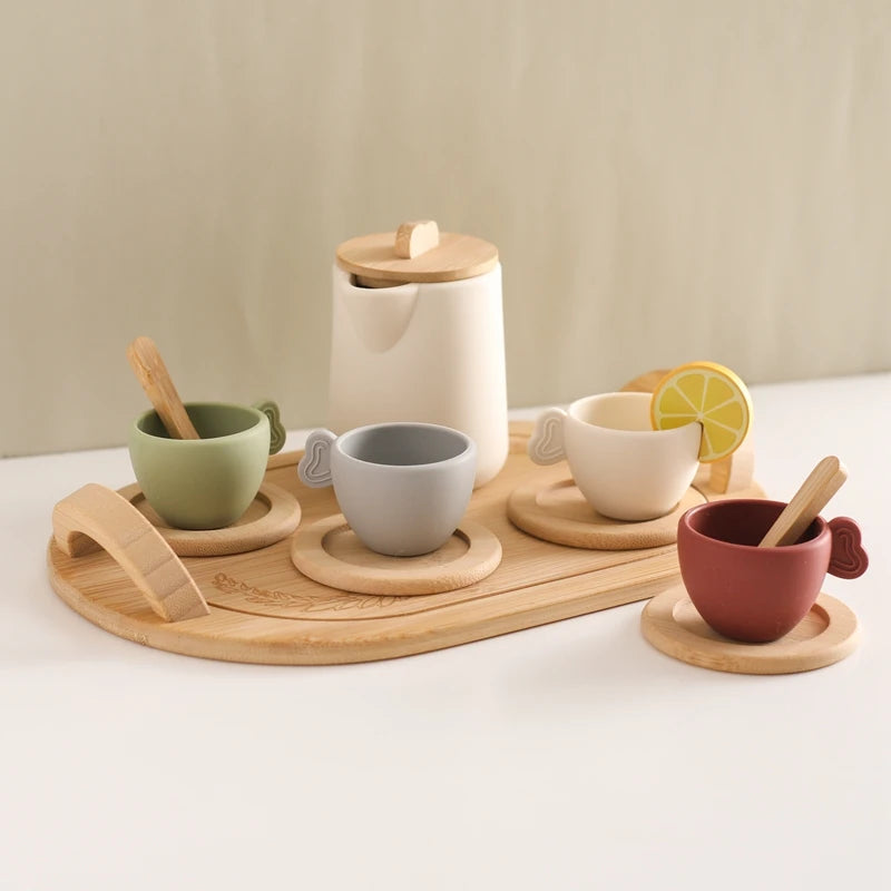 Wooden Children Montessori Toy Teapot Teacup Simulation Kitchen Utensil  BPA Free Silicone Kid Education Pretend Play Toy Gift