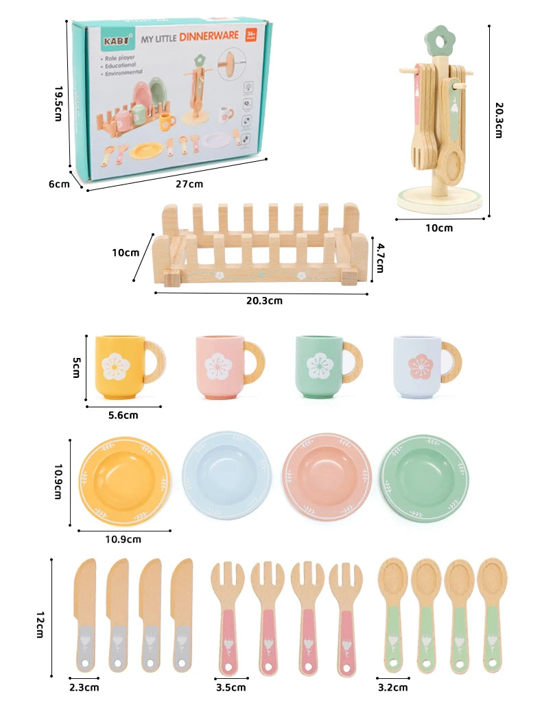 Wooden Kitchen Pretend Play Set Montessori Simulation Plates Dishes Accessories Kitchen Playset Toy for Toddlers Gifts Ages 3+