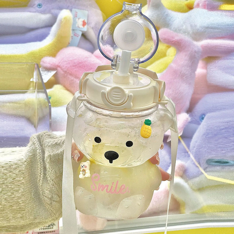 Cute teddy bears 1000ML straw Water Bottle Portable Sport Water Bottle-For Kids And adults straw cup water bottles