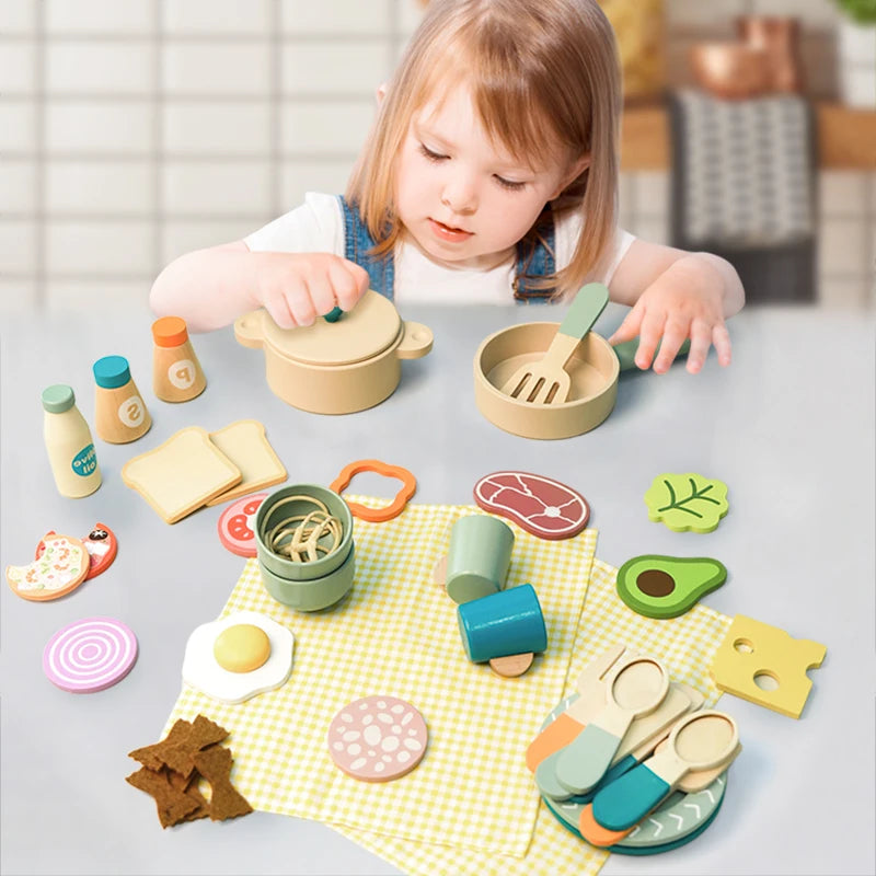 Wooden Kitchen Pretend Play Set Montessori Simulation Plates Dishes Accessories Kitchen Playset Toy for Toddlers Gifts Ages 3+