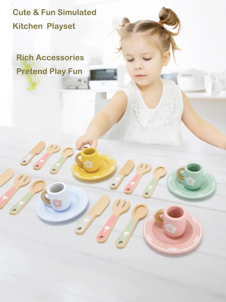 Wooden Kitchen Pretend Play Set Montessori Simulation Plates Dishes Accessories Kitchen Playset Toy for Toddlers Gifts Ages 3+