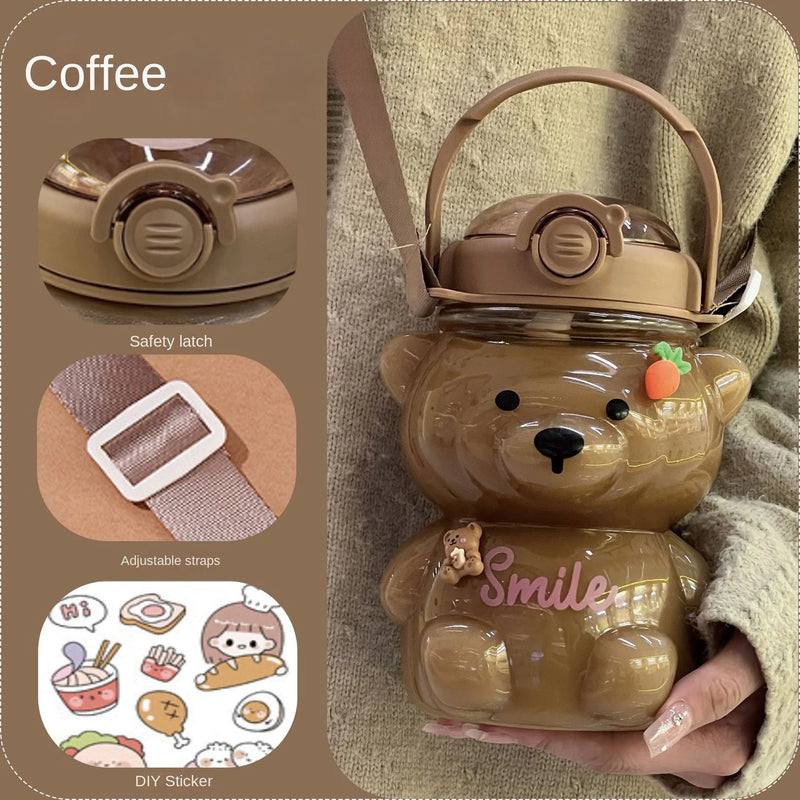 Cute teddy bears 1000ML straw Water Bottle Portable Sport Water Bottle-For Kids And adults straw cup water bottles