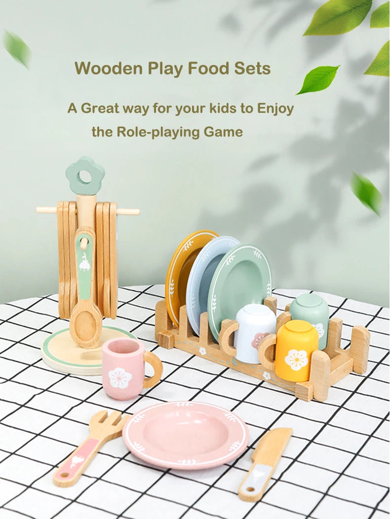 Wooden Kitchen Pretend Play Set Montessori Simulation Plates Dishes Accessories Kitchen Playset Toy for Toddlers Gifts Ages 3+