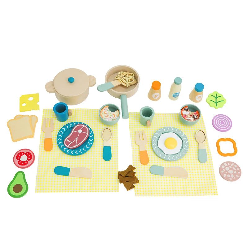 Wooden Kitchen Pretend Play Set Montessori Simulation Plates Dishes Accessories Kitchen Playset Toy for Toddlers Gifts Ages 3+