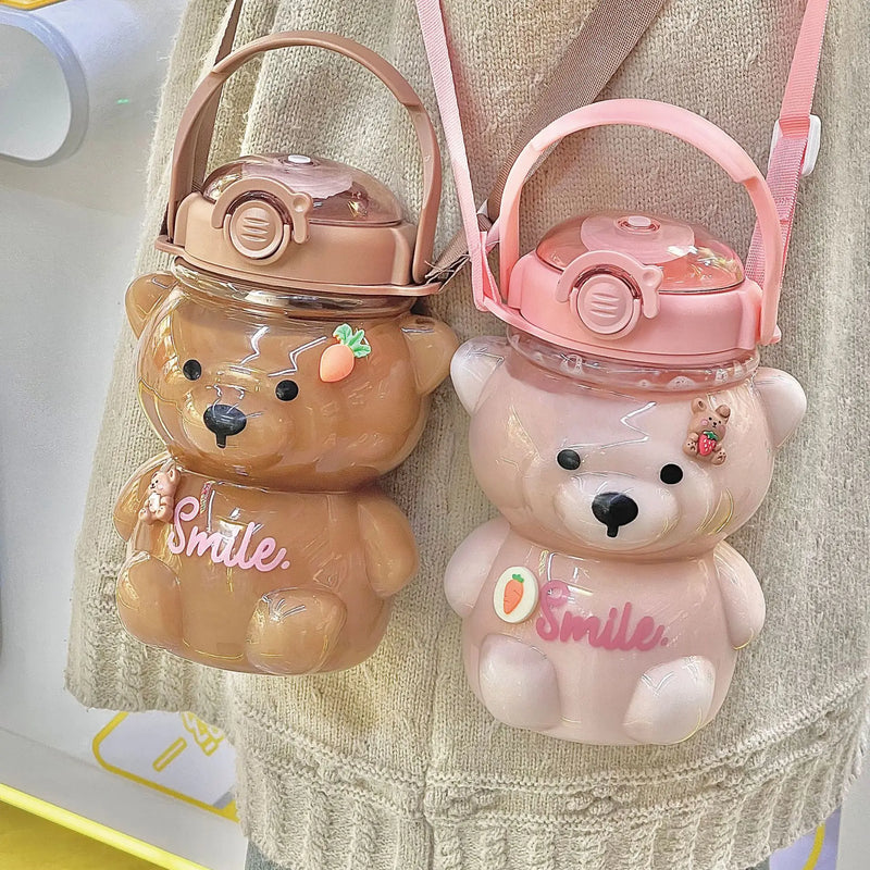 Cute teddy bears 1000ML straw Water Bottle Portable Sport Water Bottle-For Kids And adults straw cup water bottles